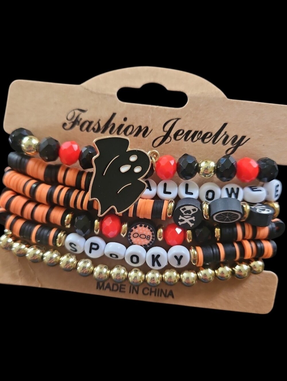 4 for $24 | Spooky Halloween Layered Beaded Bracelet Set - Orange & Black